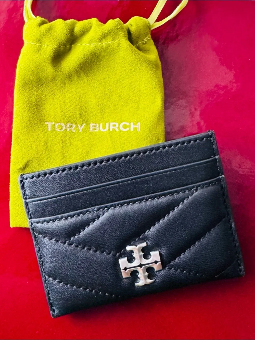 Tory Burch Black Quilted Leather Card Holder with Silver Logo